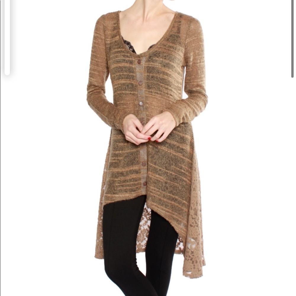 Knit & Lace Mix Hi Lo Button Cardigan